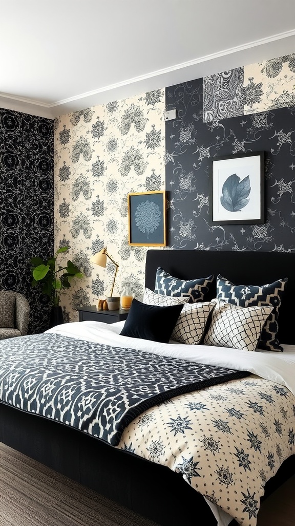 A stylish bedroom featuring a mix of black and cream patterns on walls and bedding.
