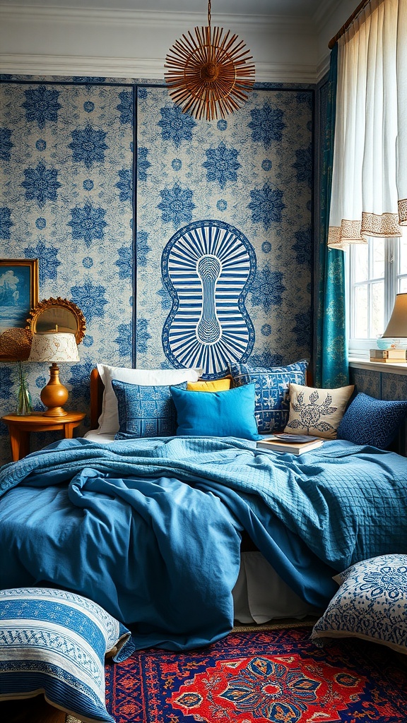 A cozy boho bedroom with blue patterned wallpaper, layered blue bedding, decorative cushions, and a vibrant area rug.