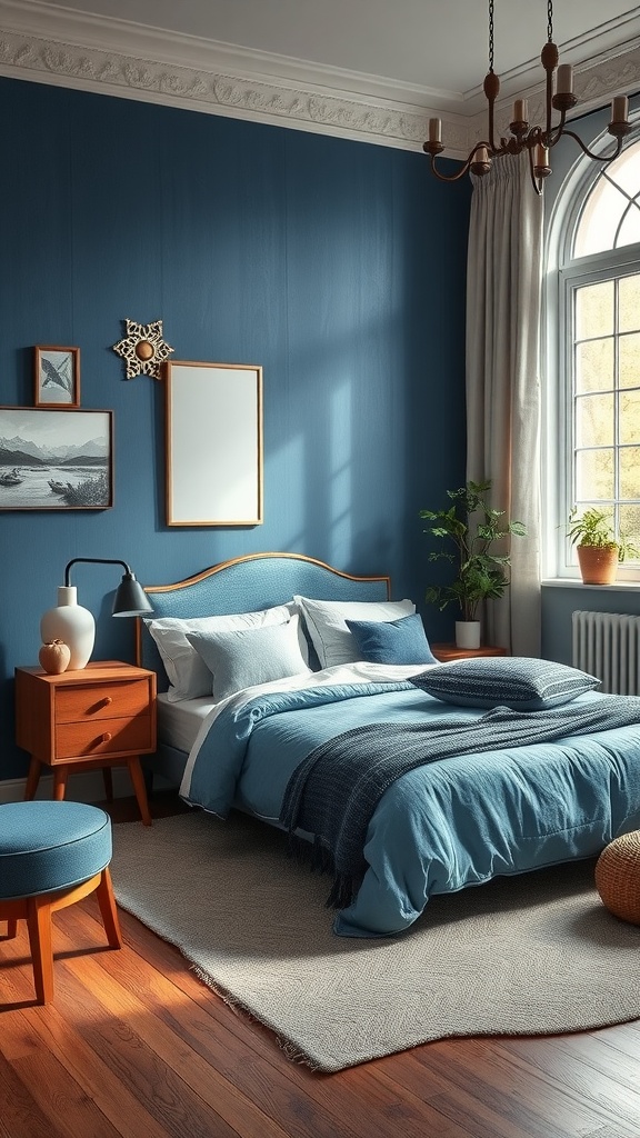 A cozy bedroom featuring a vibrant blue wall, vintage wooden furniture, and modern bedding, showcasing a blend of styles.