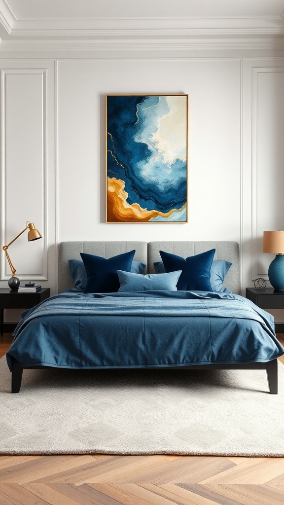A modern bedroom featuring a blue bedspread, decorative pillows, and an abstract art piece above the headboard.