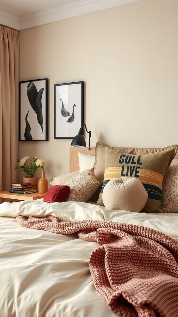 A modern beige bedroom with cozy bedding, decorative pillows, and stylish wall art.
