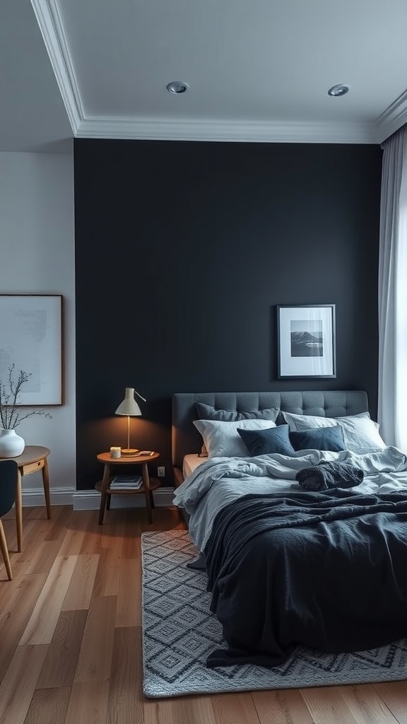 A modern dark Scandinavian bedroom featuring a black wall, light wood floor, and cozy bedding.