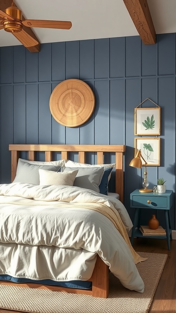 A modern farmhouse bedroom featuring a blue wall, wooden bed frame, layered bedding, and stylish decor.