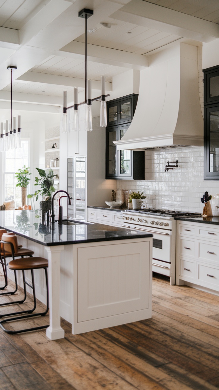 Modern farmhouse kitchen with wood plank flooring and stylish accents.