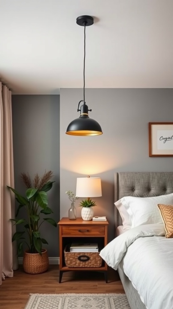 A modern farmhouse bedroom featuring a black pendant light and a bedside lamp with a warm glow, creating a cozy atmosphere.