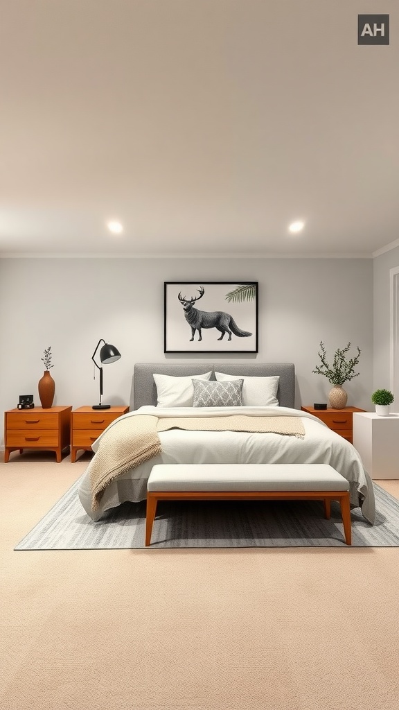 Modern farmhouse basement bedroom with gray walls, white bedding, and warm wood accents