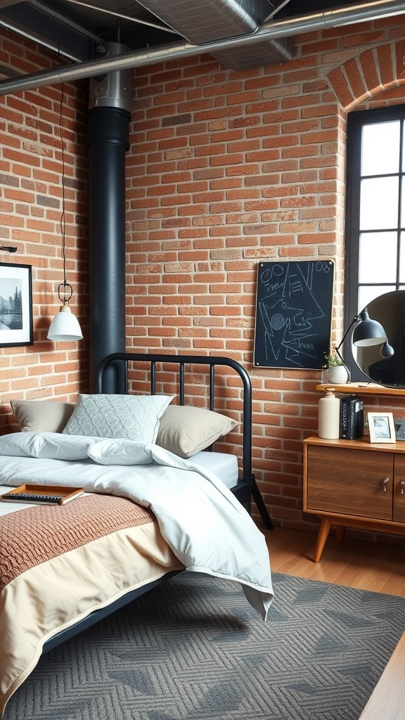 A modern industrial bedroom featuring a metal bed frame, exposed brick wall, and a chalkboard wall.