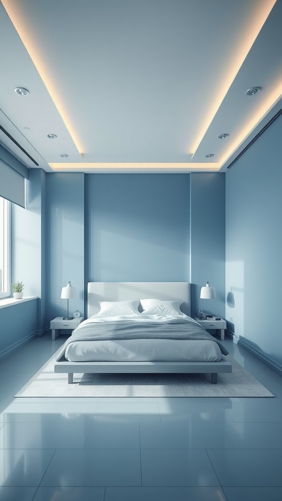 A modern minimalist blue bedroom with low-profile bed, natural light, and sleek furniture