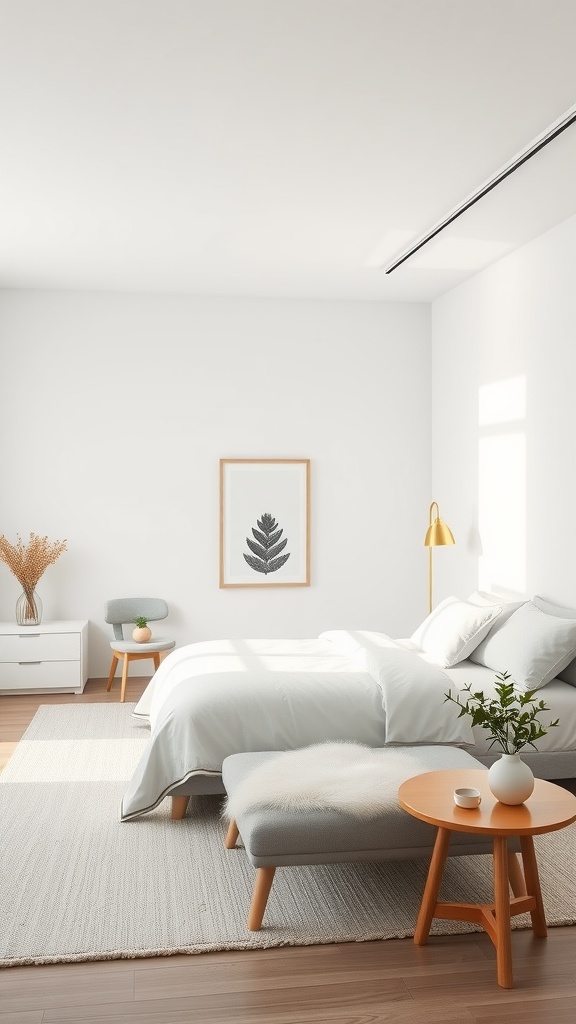 Modern minimalist bedroom with clean lines and soft colors