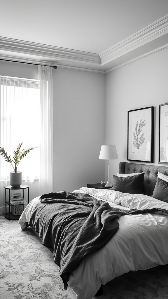 A stylish neutral bedroom featuring a monochromatic gray color scheme with various textures.