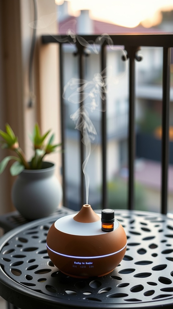 A stylish essential oil diffuser with steam rising, set on a decorative table with a plant in the background.