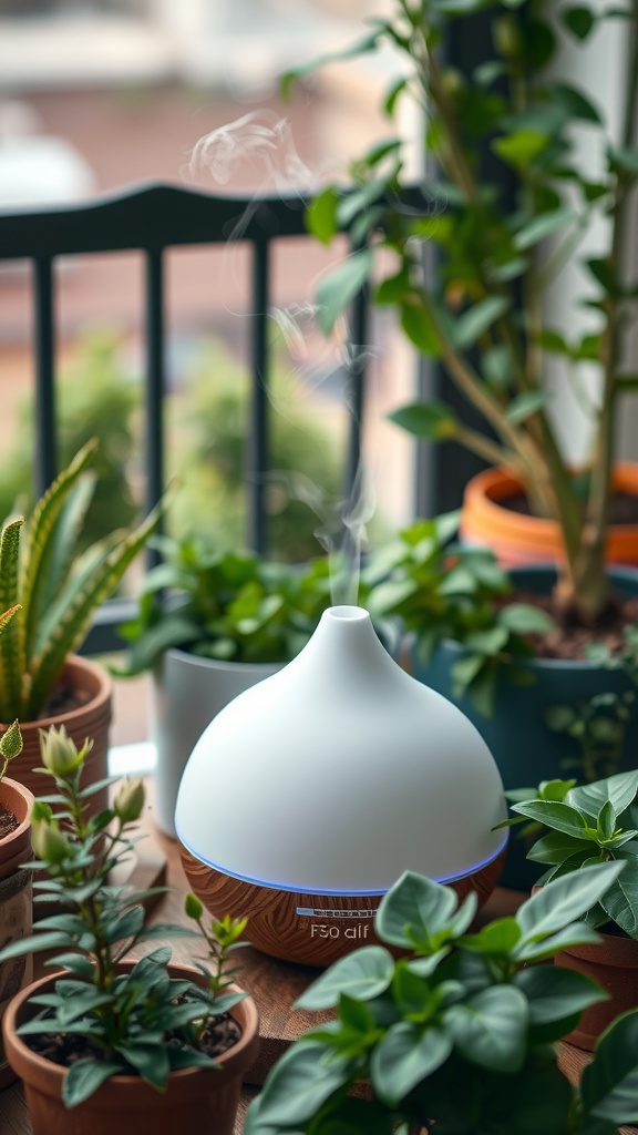 A diffuser releasing mist among various potted plants on a balcony