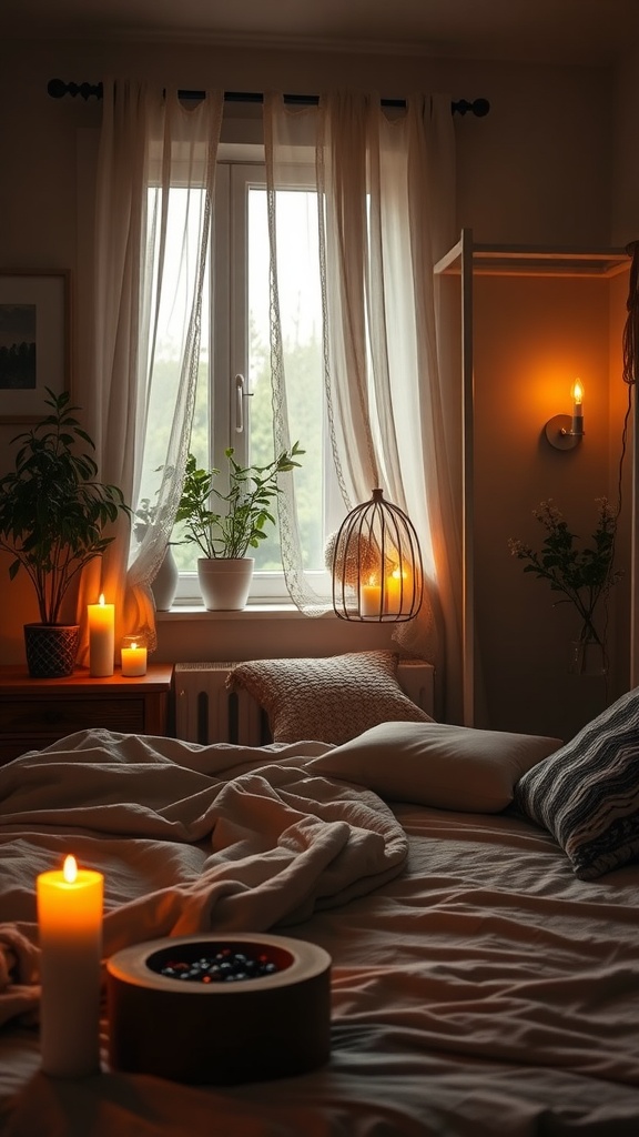 A cozy bedroom with candlelight and soft furnishings, creating a relaxing atmosphere.