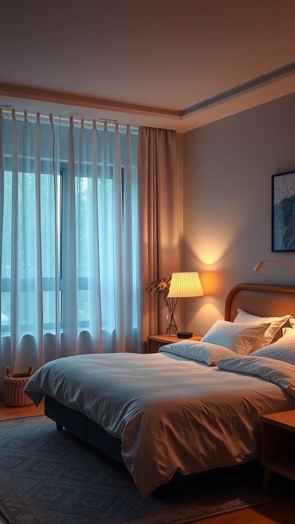 A serene bedroom with soft lighting, a cozy bed, and sheer curtains