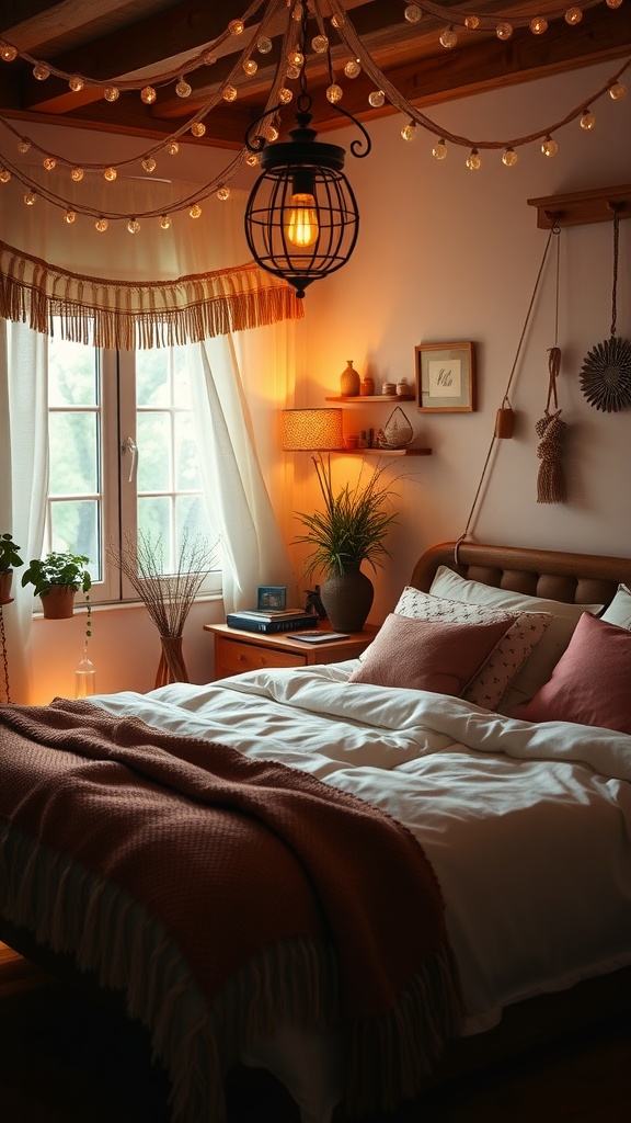 A cozy boho bedroom with dimmable lighting featuring a pendant light and string lights.
