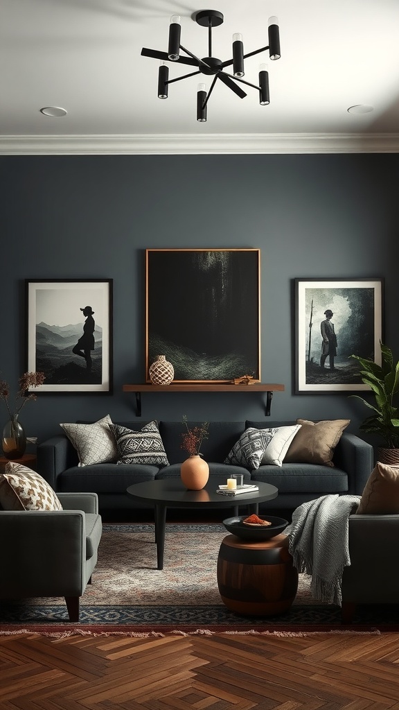 A dark boho living room with moody artwork, featuring a dark wall, stylish furniture, and a cozy atmosphere.