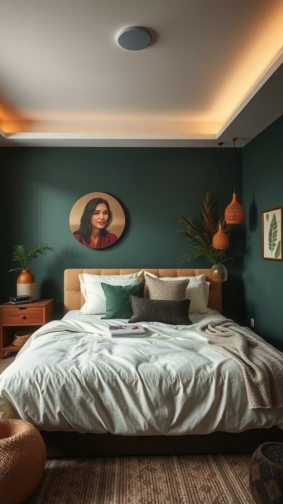 A cozy bedroom featuring deep green walls, layered bedding, and warm lighting