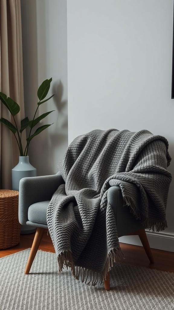 A gray textured throw blanket draped over a stylish chair in a dark farmhouse living room.