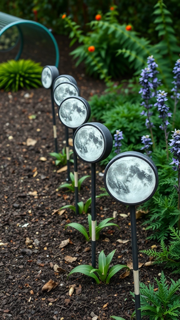 A garden featuring moon phase markers along a flower bed