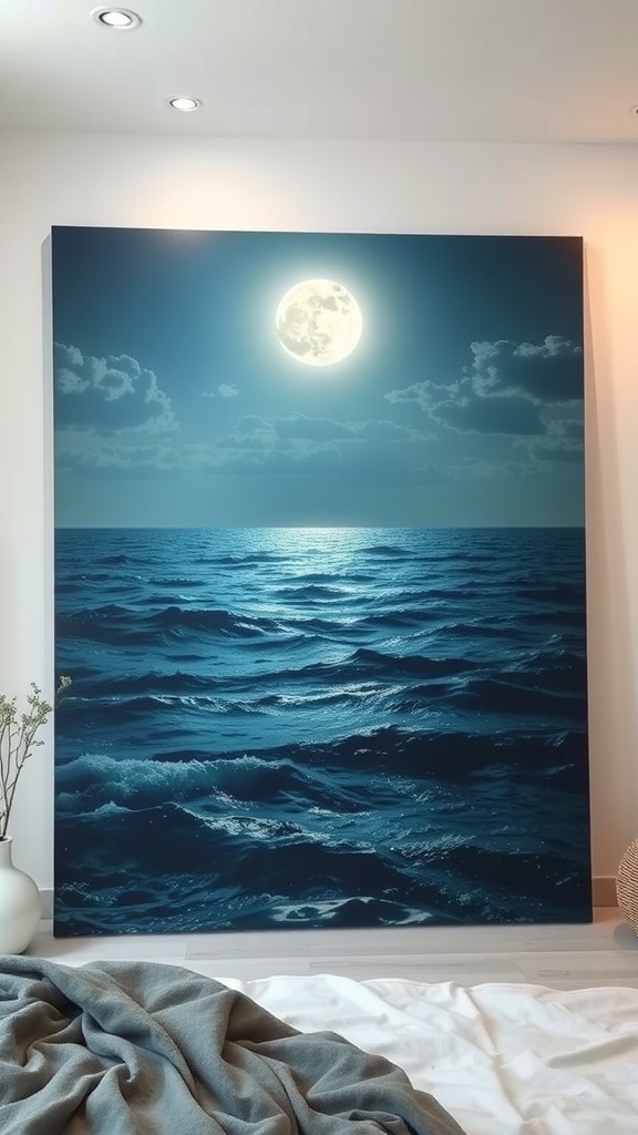 Canvas artwork depicting a moonlit ocean scene with waves and a bright moon.