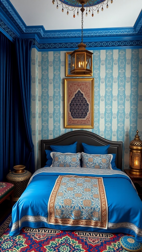 A Moroccan-inspired bedroom featuring vibrant blue details, decorative textiles, and elegant lighting.