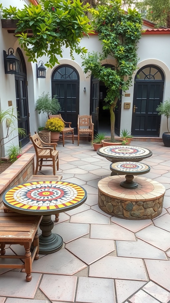 A patio featuring mosaic tile tables surrounded by plants and wooden chairs.