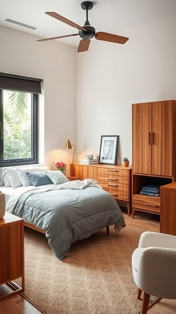 A stylish Boho Mid-Century Modern bedroom featuring multi-functional furniture, including a cozy bed, sleek wooden cabinets, and a fan.