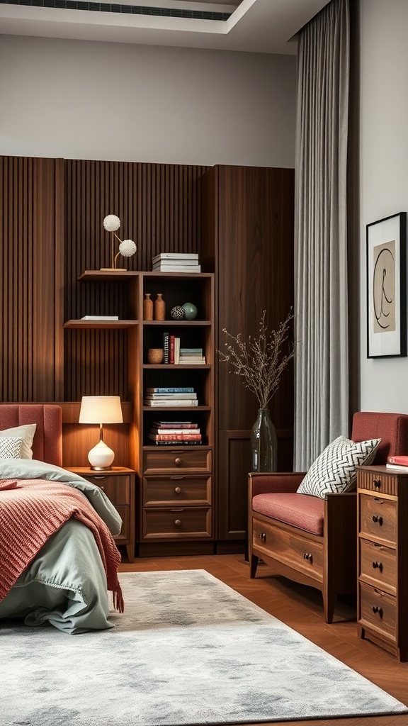 A cozy Boho Jungle themed bedroom with multi-functional furniture, including a bed, armchairs, and a shelving unit.