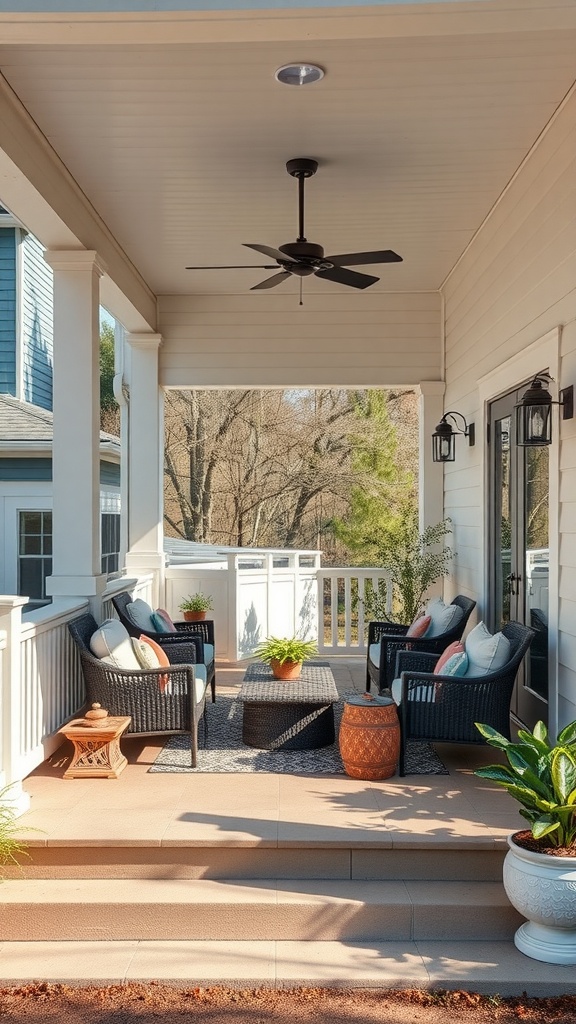 A multi-level farmhouse back porch featuring comfortable seating, a coffee table, and plants.