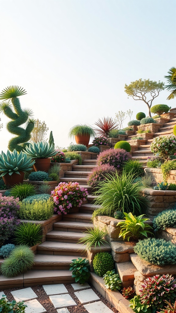Multi-level garden design with vibrant plants and stone steps