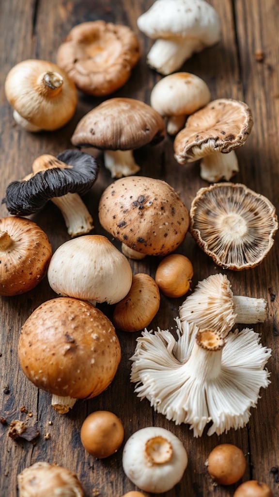 A variety of mushrooms arranged on a wooden surface.
