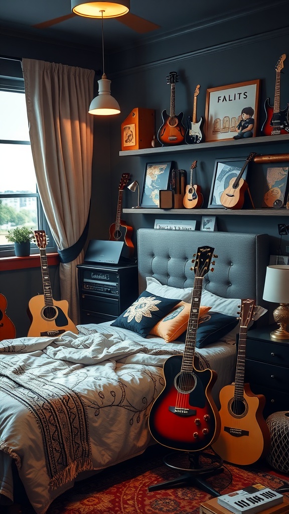 A cozy bedroom featuring multiple guitars, a neatly made bed, and decorative elements that create a music-inspired atmosphere.