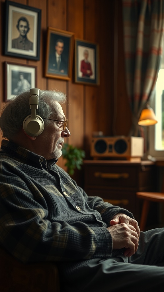 An older gentleman with headphones enjoys listening to music in a cozy room filled with framed photographs.