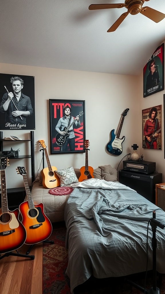 A cozy bedroom filled with guitars and music posters, illustrating a musical theme.