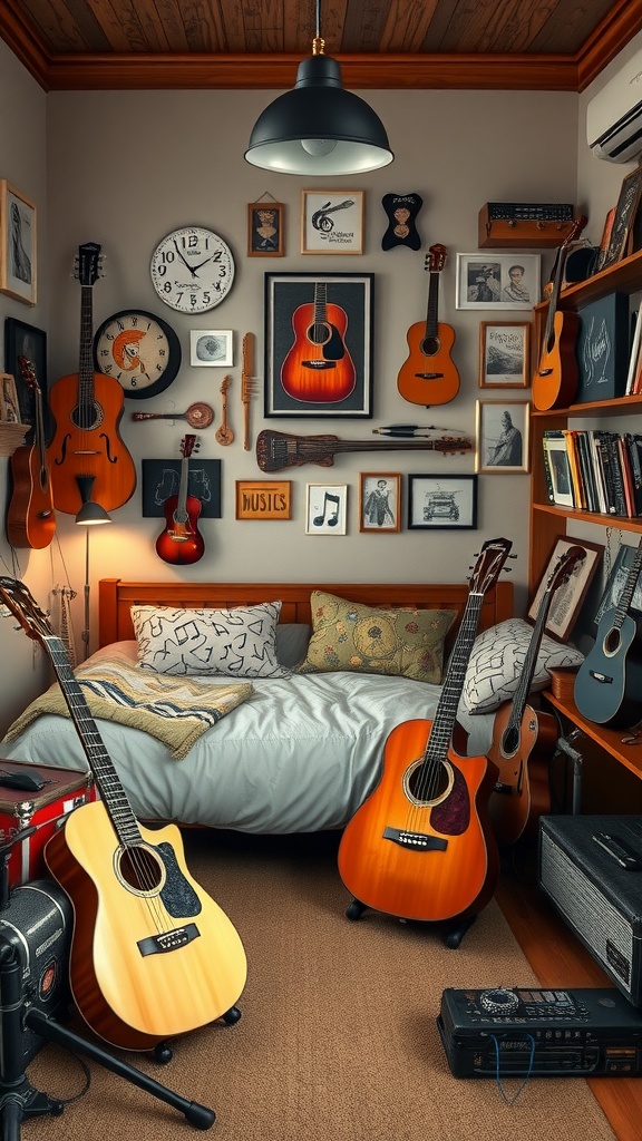 A cozy bedroom with a display of guitars on the walls, a bed with musical-themed pillows, and a vinyl player.