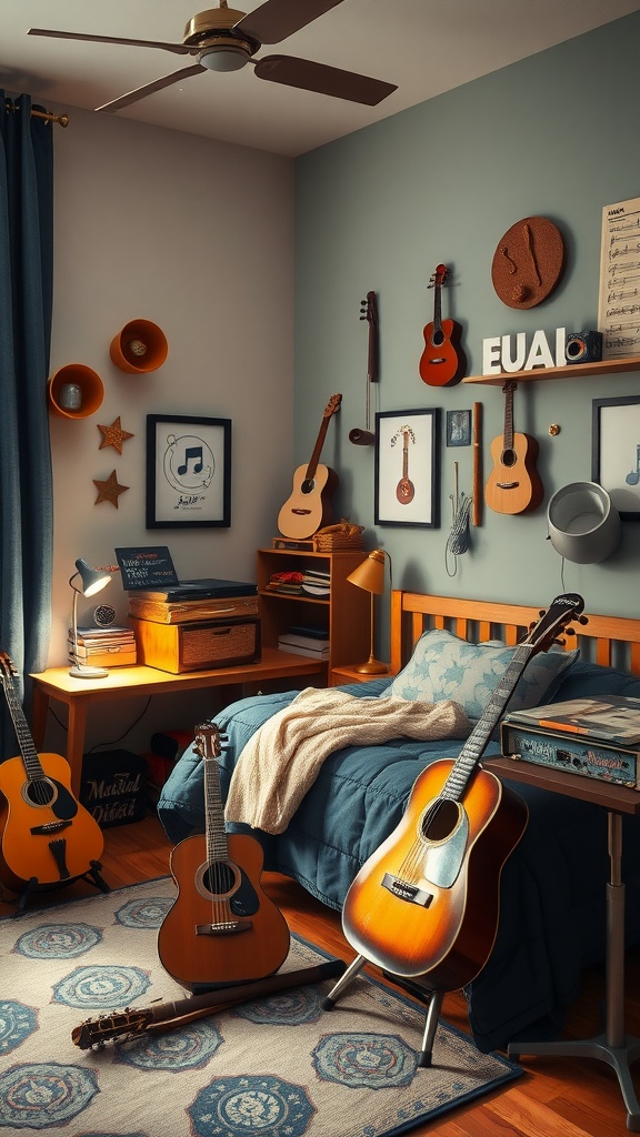 A boy's bedroom decorated with musical instruments including guitars, notes on the wall, and a cozy bed.