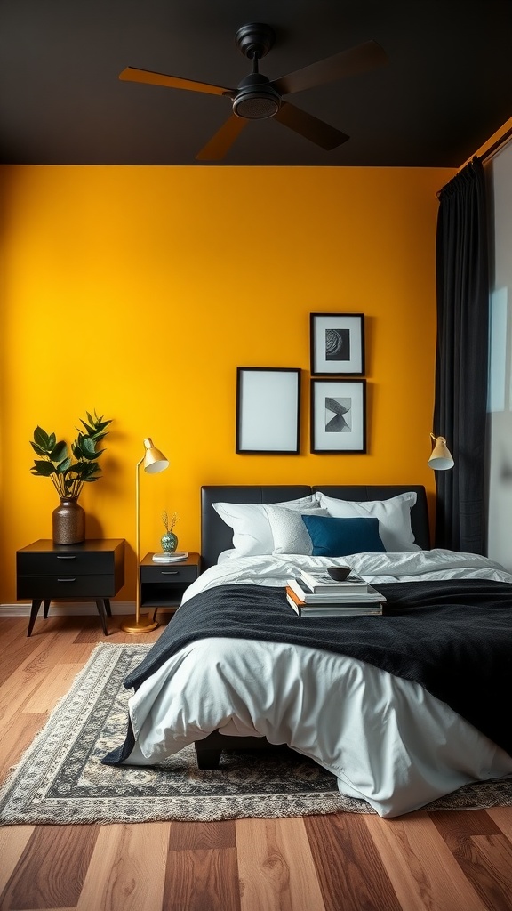 A bedroom featuring a mustard yellow accent wall and black ceiling, with stylish decor.