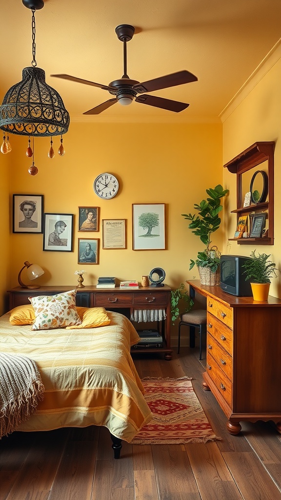 A cozy farmhouse bedroom with muted mustard walls, vintage decor, and wooden furniture.