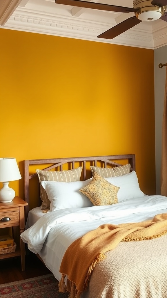 A cozy bedroom featuring a muted mustard yellow accent wall, wooden furniture, and soft bedding.