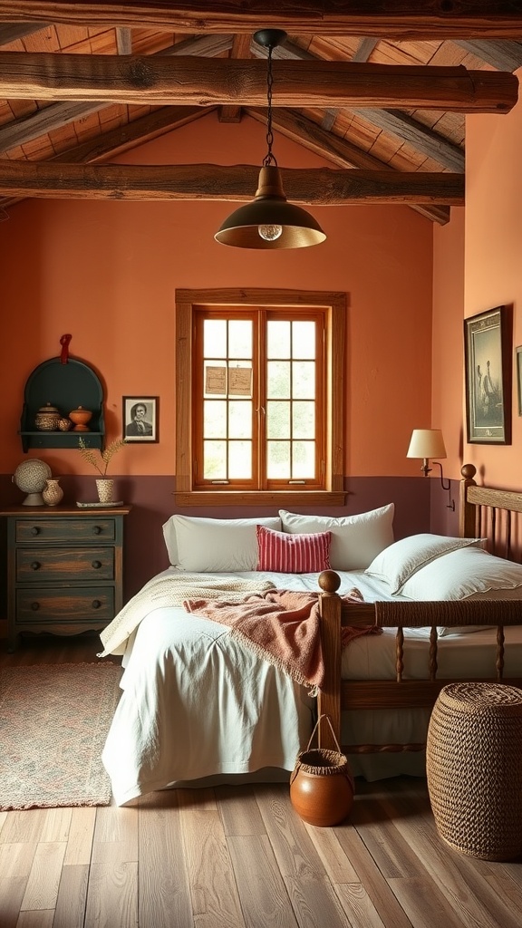 A cozy farmhouse bedroom with muted terracotta walls, wooden beams, and rustic decor.