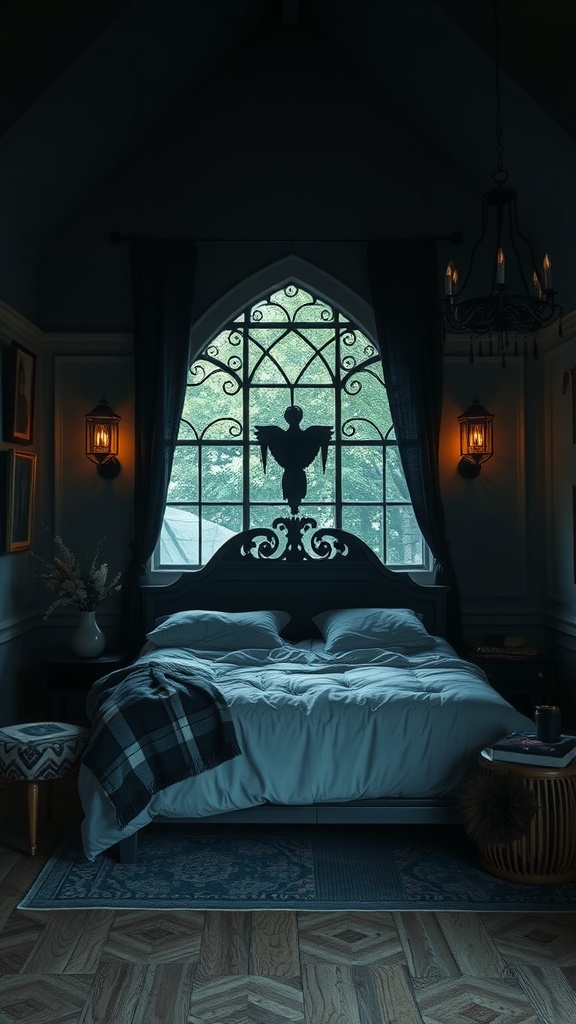 A dark and moody bedroom featuring gothic elements, warm lighting, and rich textures.