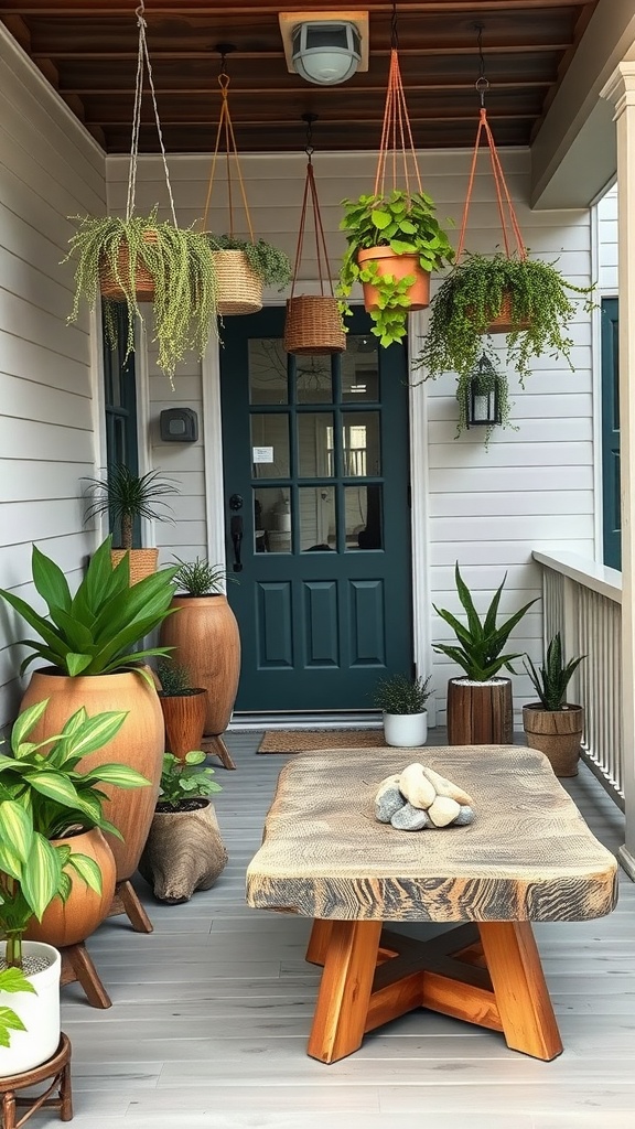 Stylish boho back porch with hanging plants and wooden table