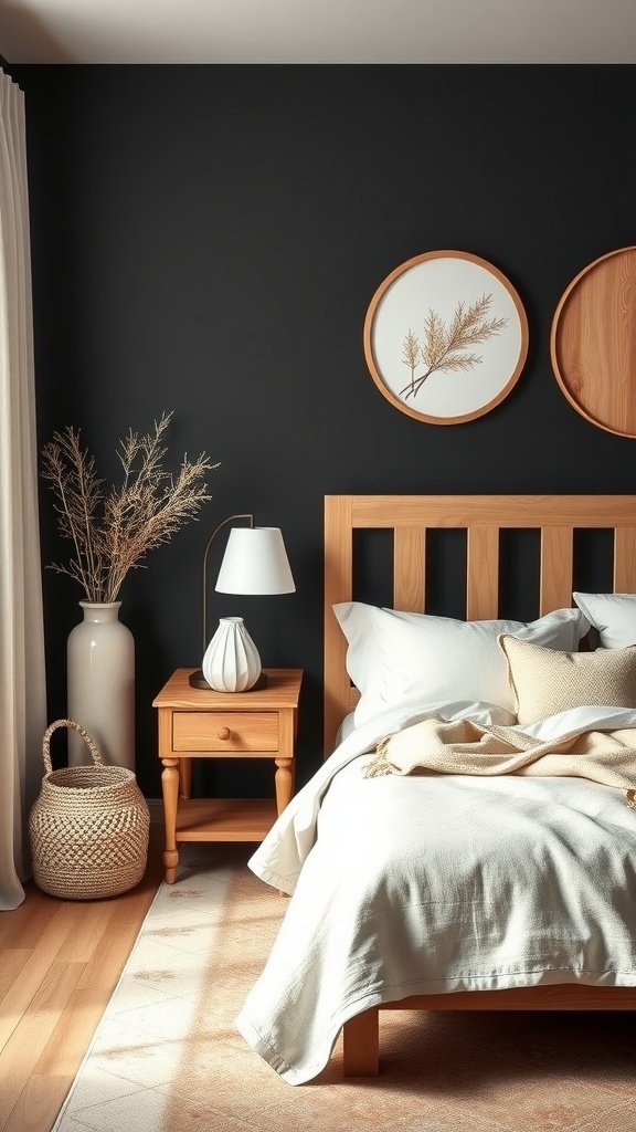 A cozy black and cream farmhouse bedroom featuring a wooden bed, decorative lamps, and natural elements like plants and woven baskets.