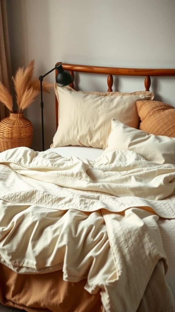 Cozy bed with natural fiber bedding and decorative pillows in a Boho style