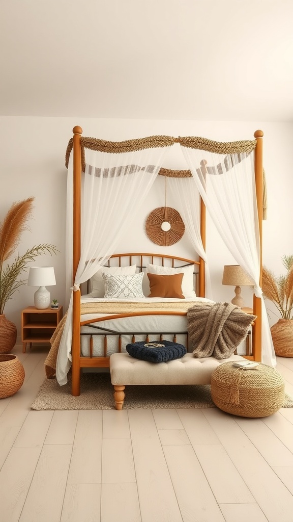 A serene boho bedroom featuring a canopy bed with natural fiber elements like rattan, woven baskets, and soft textiles.