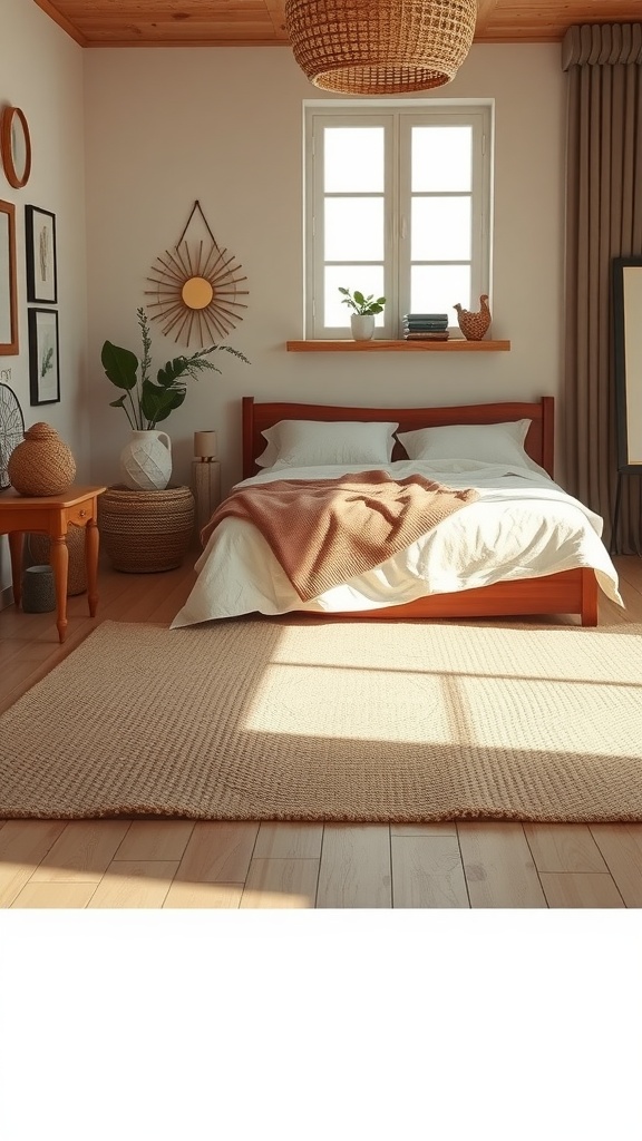 A cozy bedroom featuring a natural fiber rug, wooden bed, and warm decorative elements