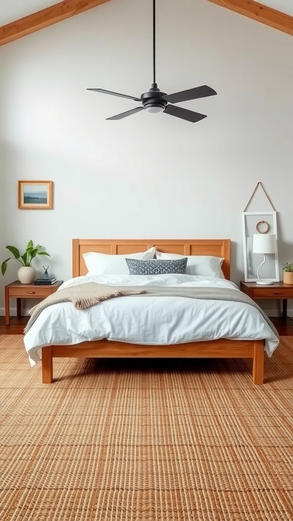 Cozy bedroom with a natural fiber rug, wooden bed and furniture, and a ceiling fan.