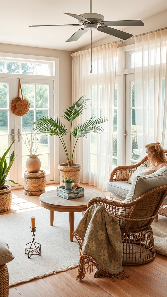A cozy sunroom featuring natural fiber textiles, a wooden table, wicker chairs, and lush greenery.