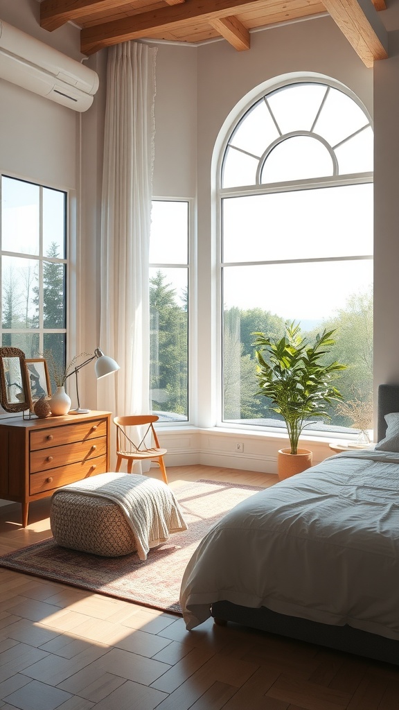 Cozy Rustic Boho style bedroom with large windows letting in natural light, featuring wooden beams, a bedside with a rug, and a plant by the window.