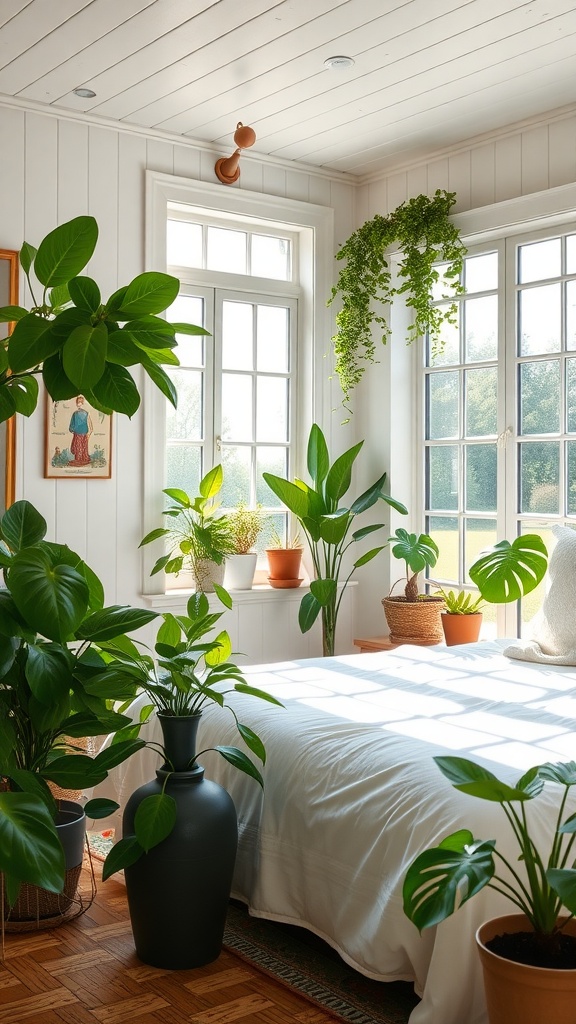 A bright farmhouse chic bedroom filled with natural light and various plants, creating a cozy and inviting atmosphere.